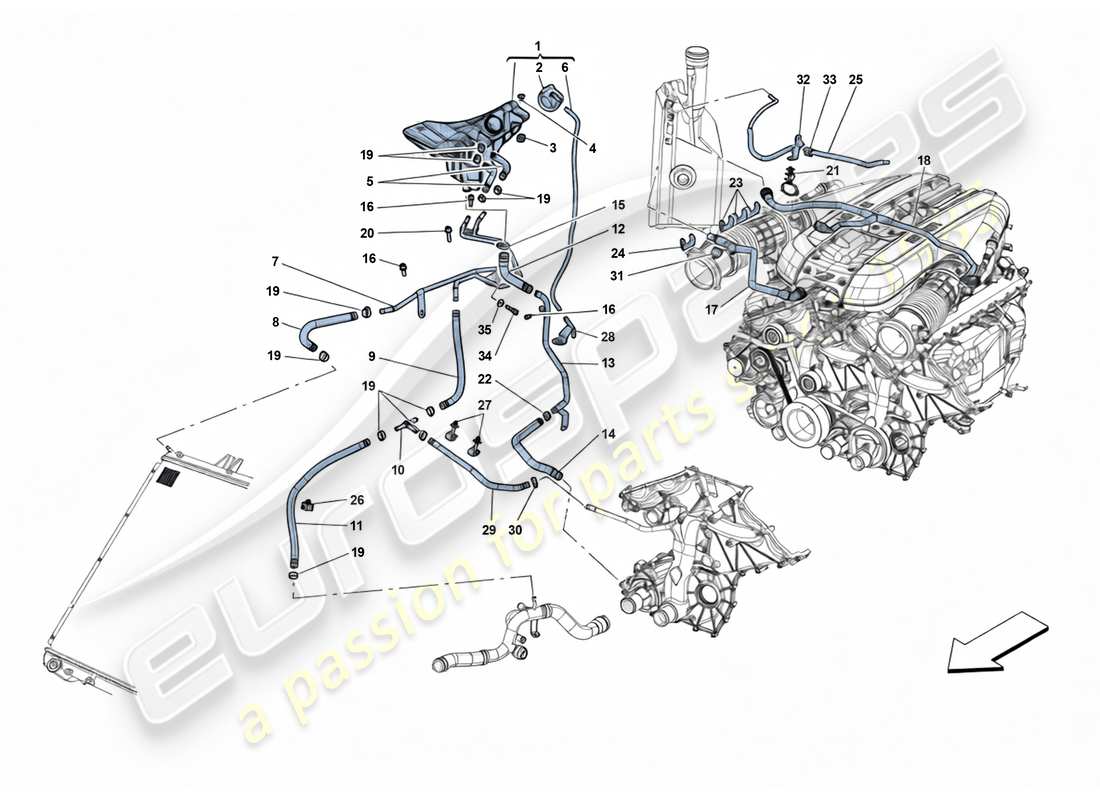 ferrari 812 superfast enfriamiento - tanque colector y tuberías diagrama de piezas