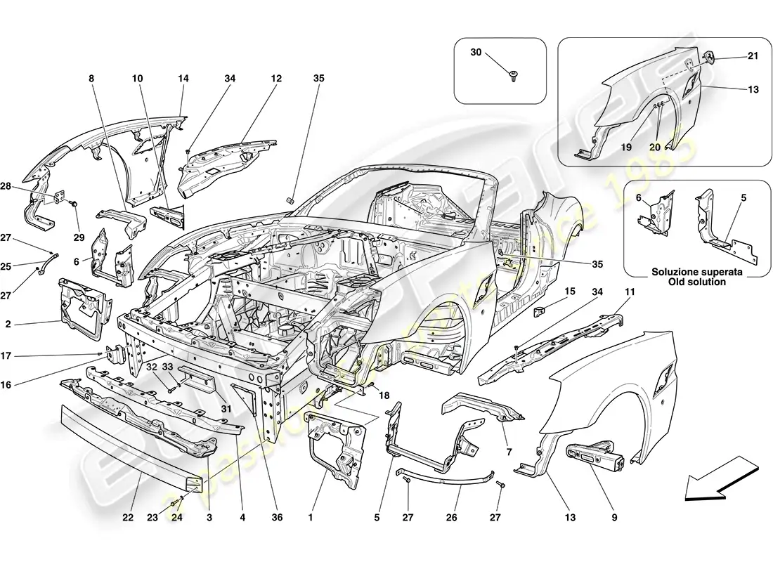 ferrari california (rhd) carroceria y adorno delantero externo diagrama de piezas