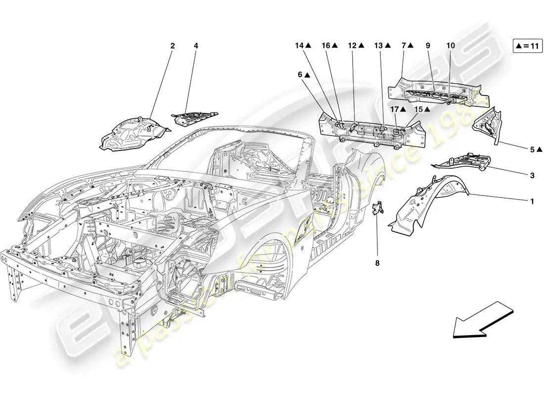 ferrari california (rhd) carrocería trasera y revestimiento exterior diagrama de piezas