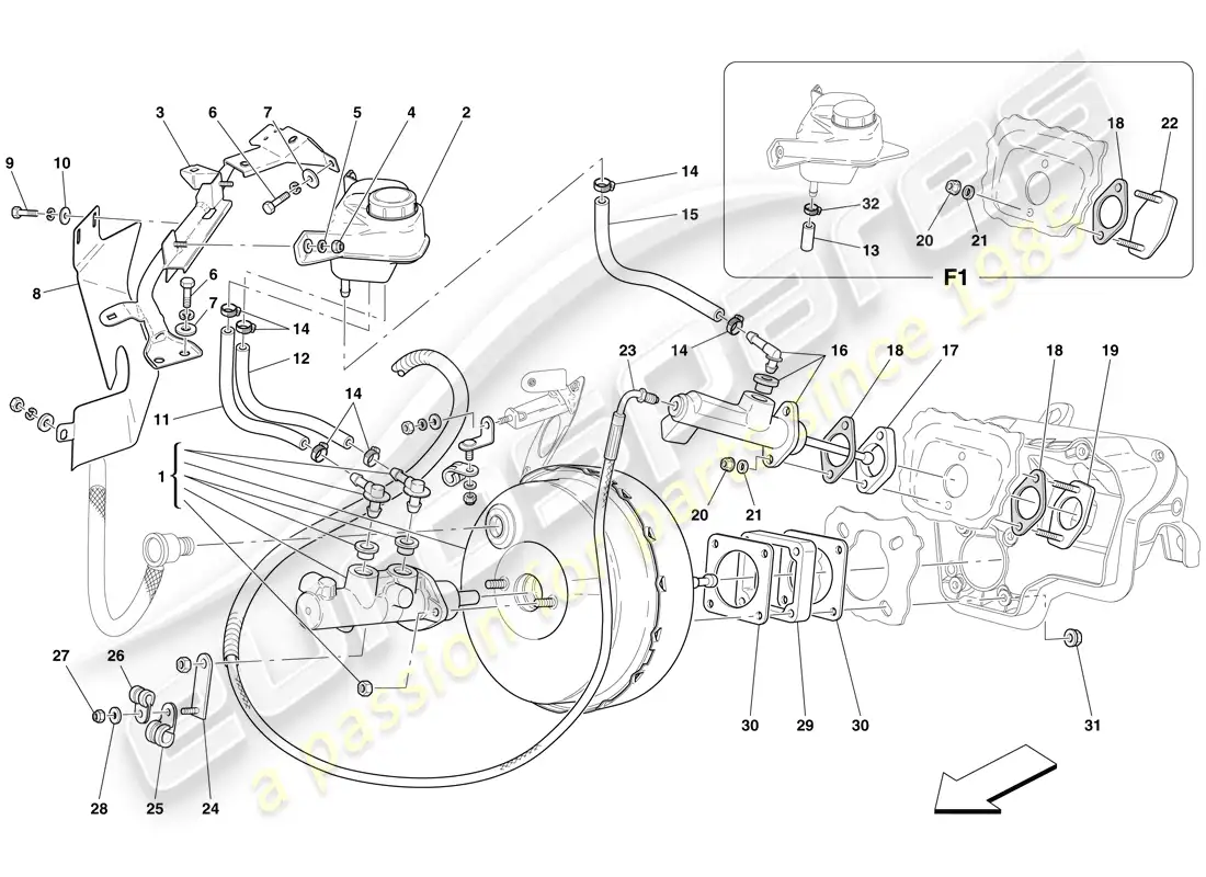ferrari 612 scaglietti (rhd) control de freno y embrague hidráulico diagrama de piezas