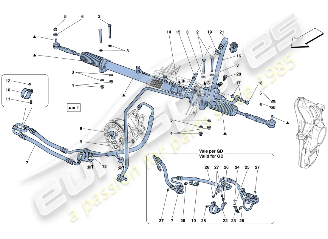 ferrari f12 tdf (rhd) caja de dirección asistida hidráulica diagrama de piezas