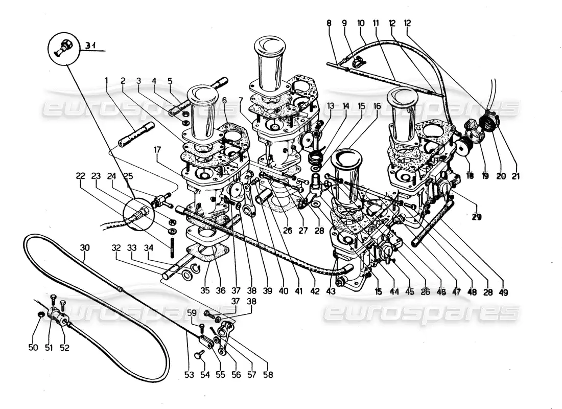 lamborghini urraco p250 / p250s sistema de combustible (carburadores) diagrama de piezas