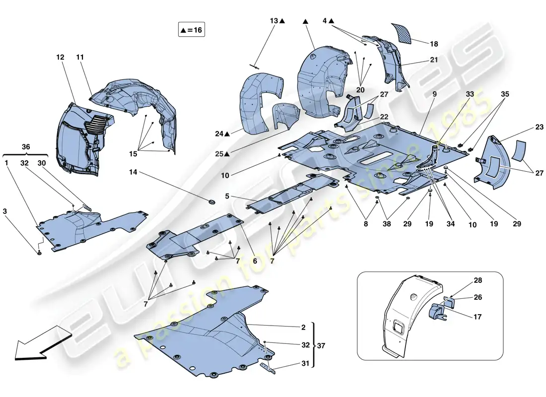 ferrari 458 speciale (usa) plato inferior plano y ruedas diagrama de piezas