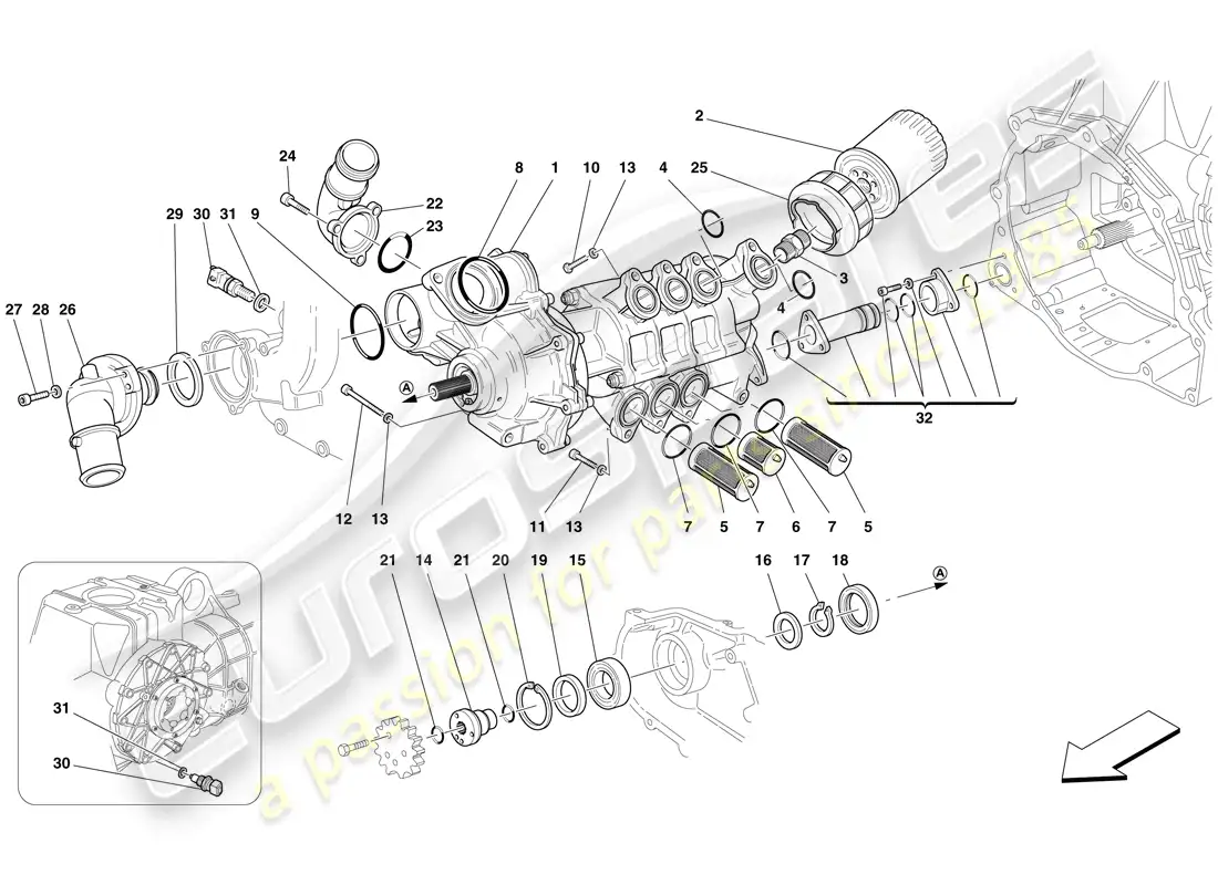 ferrari f430 scuderia (usa) bomba de aceite / agua diagrama de piezas