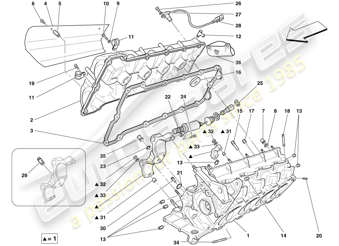 ferrari f430 scuderia spider 16m (rhd) culata del lado derecho diagrama de piezas