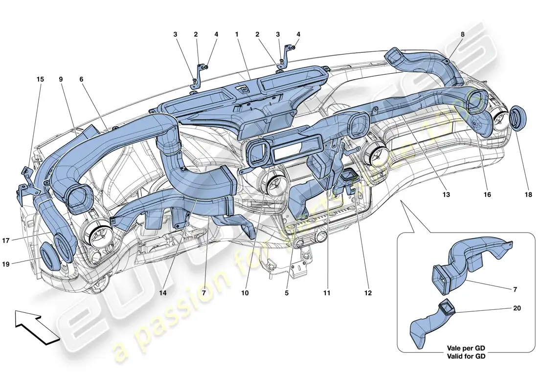 ferrari gtc4 lusso (europe) conductos de aire del tablero diagrama de piezas