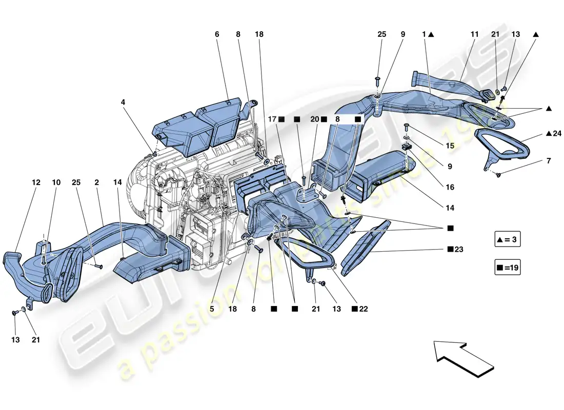 ferrari 488 gtb (usa) conductos de aire del tablero diagrama de piezas