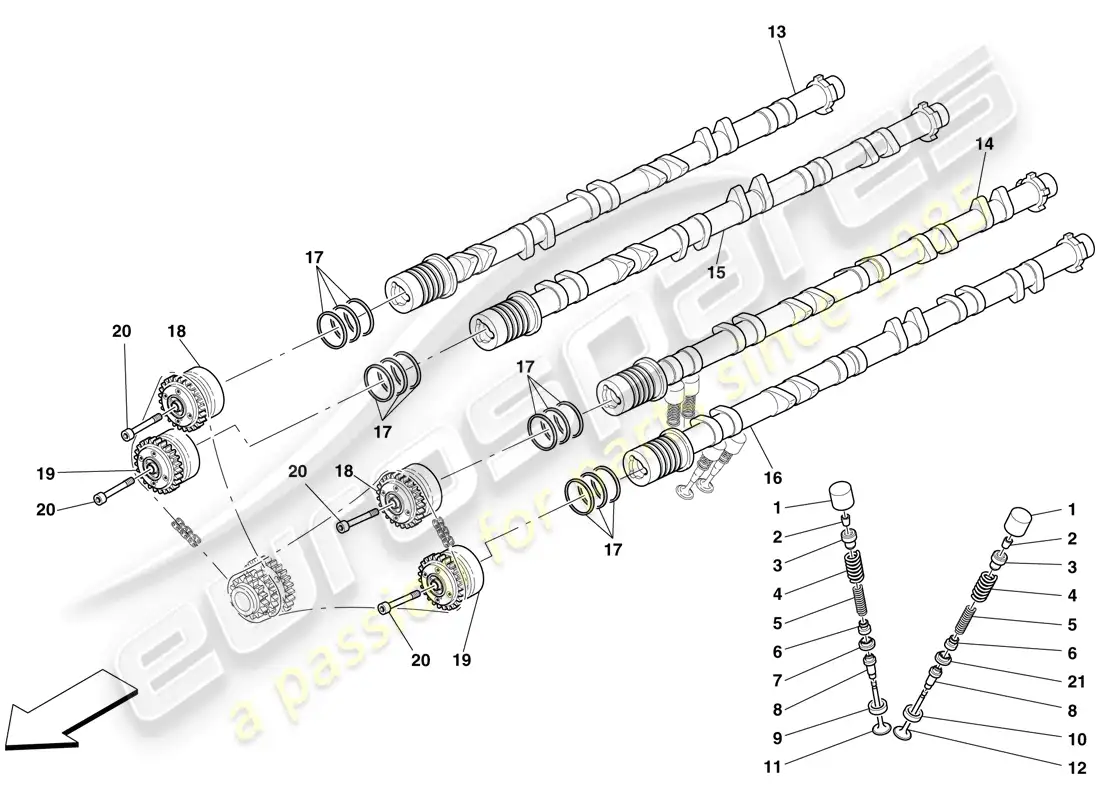 ferrari 599 sa aperta (rhd) sistema de distribución - empujadores y ejes diagrama de piezas