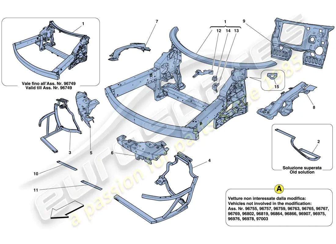 ferrari 458 italia (rhd) chasis - estructura delantera completa y paneles diagrama de piezas