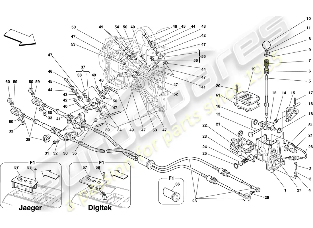 ferrari f430 coupe (rhd) mandos externos de la caja de cambios diagrama de piezas