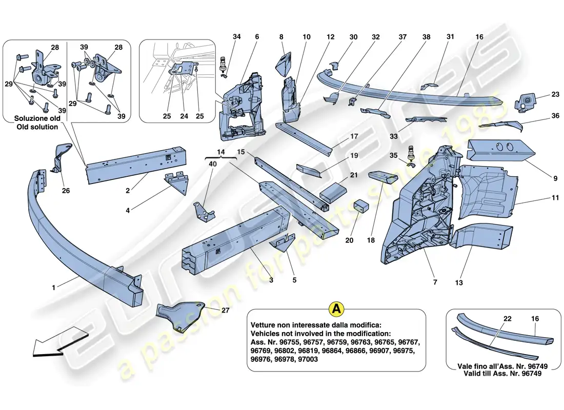 ferrari 458 italia (rhd) chasis - estructura, elementos frontales y paneles diagrama de piezas