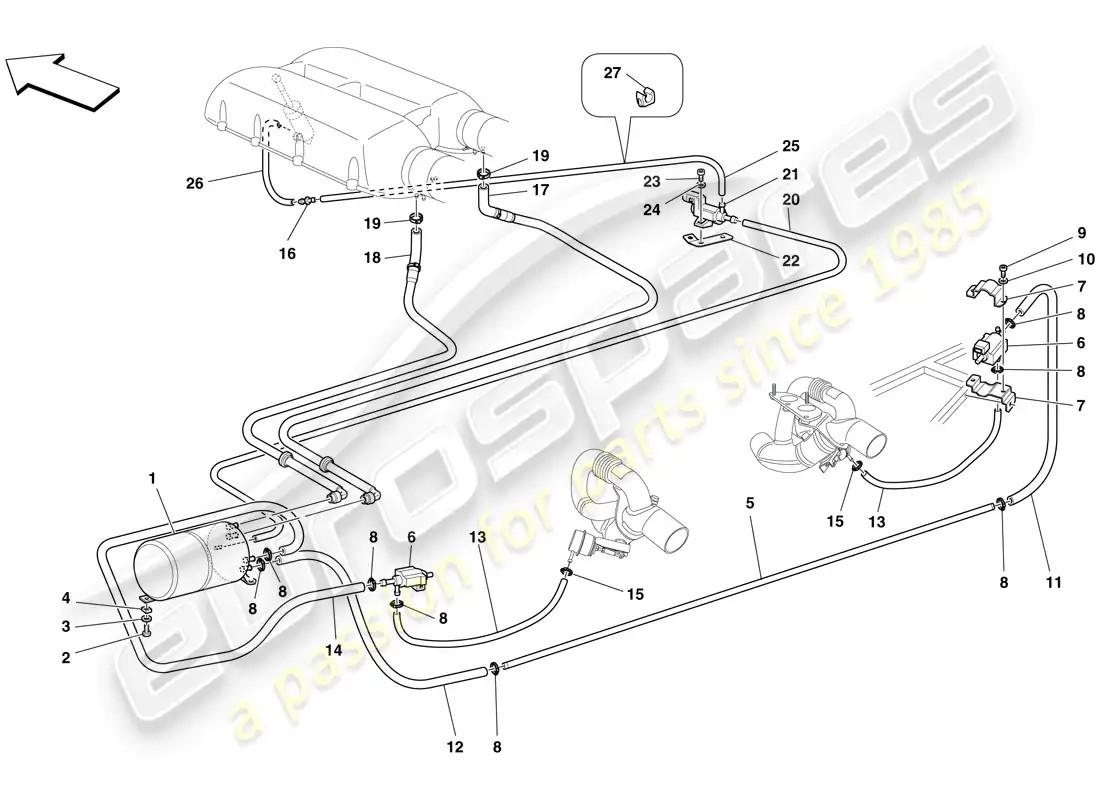 ferrari f430 scuderia spider 16m (rhd) sistema actuador neumático diagrama de piezas