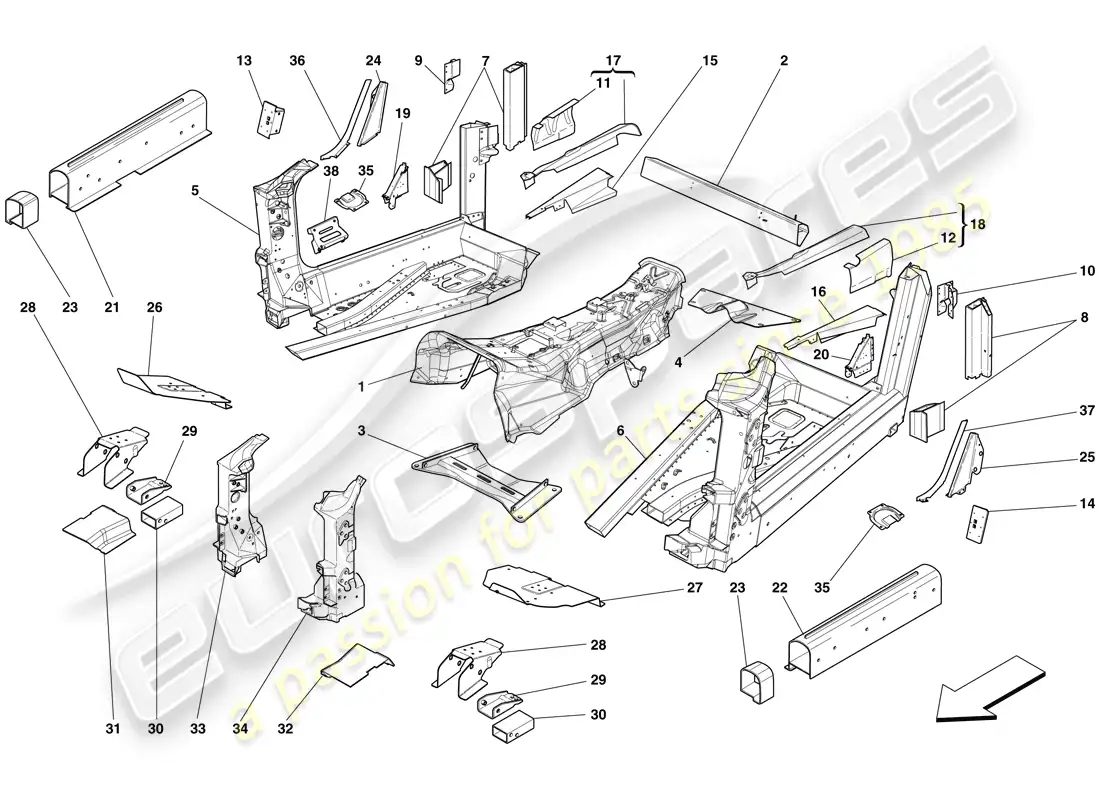 ferrari 599 gto (europe) estructuras y elementos, centro del vehículo diagrama de piezas