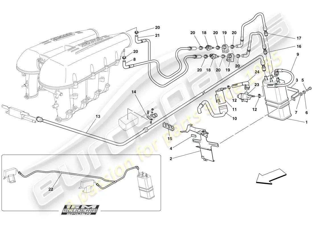 ferrari f430 scuderia (usa) sistema de control de emisiones evaporativas diagrama de piezas