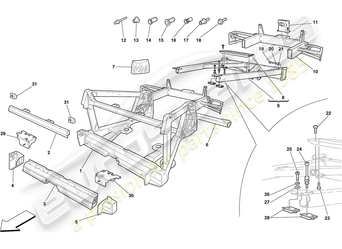 ferrari f430 coupe (rhd) chassis - structure, rear elements and panels diagrama de piezas