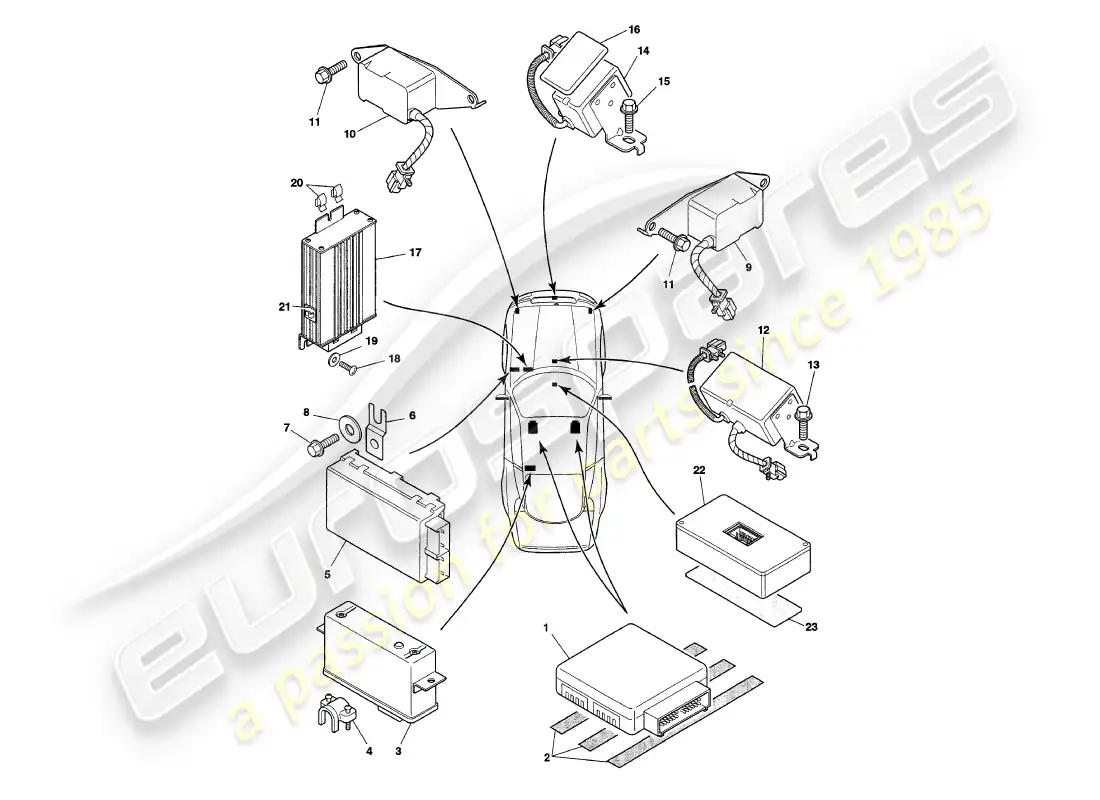 aston martin v8 coupe (2000) módulos de control electrónico diagrama de piezas