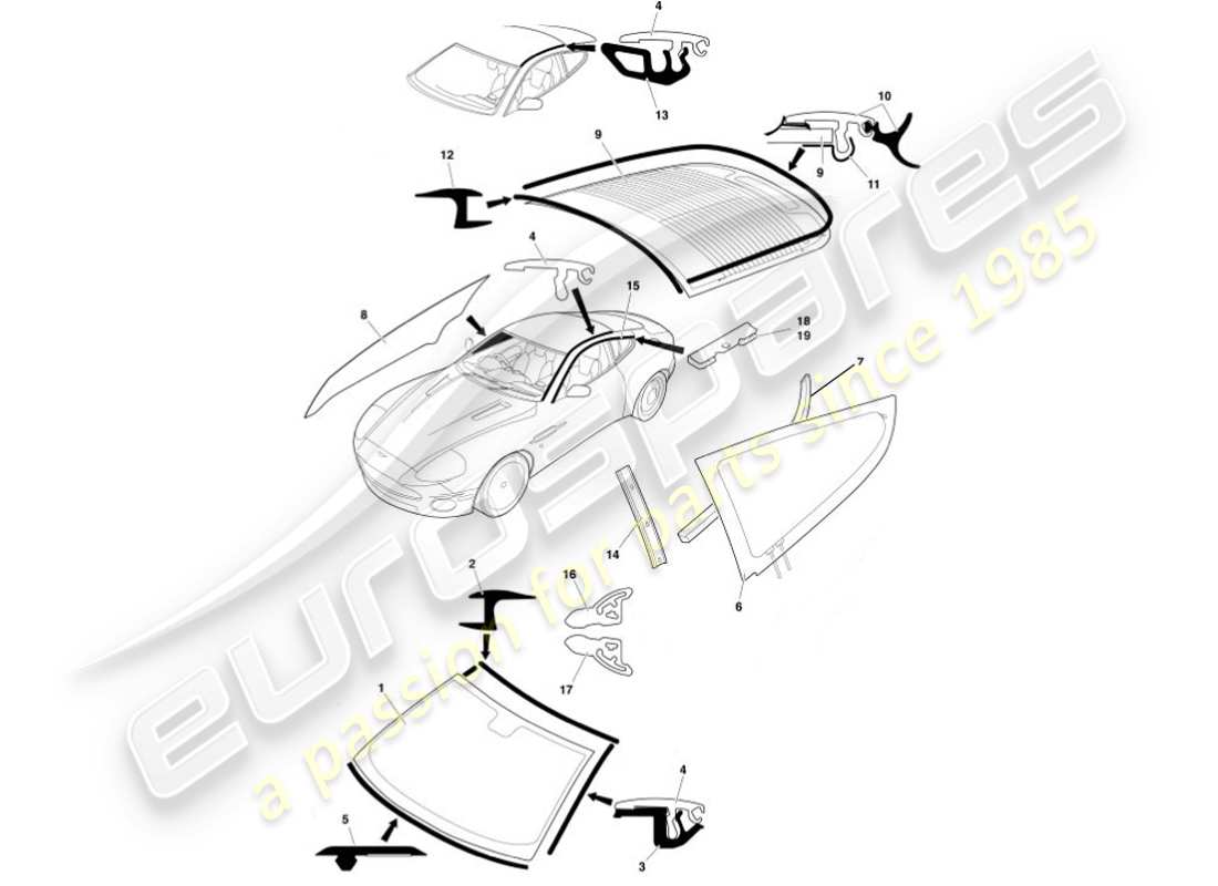 aston martin vanquish (2002) diagrama de piezas de vidrio y acabados