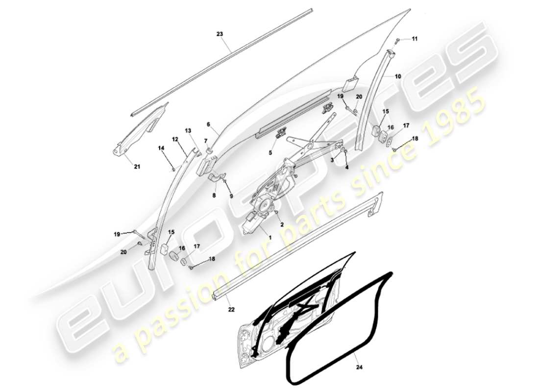 aston martin vanquish (2002) diagrama de piezas de marcos y vidrios de puertas