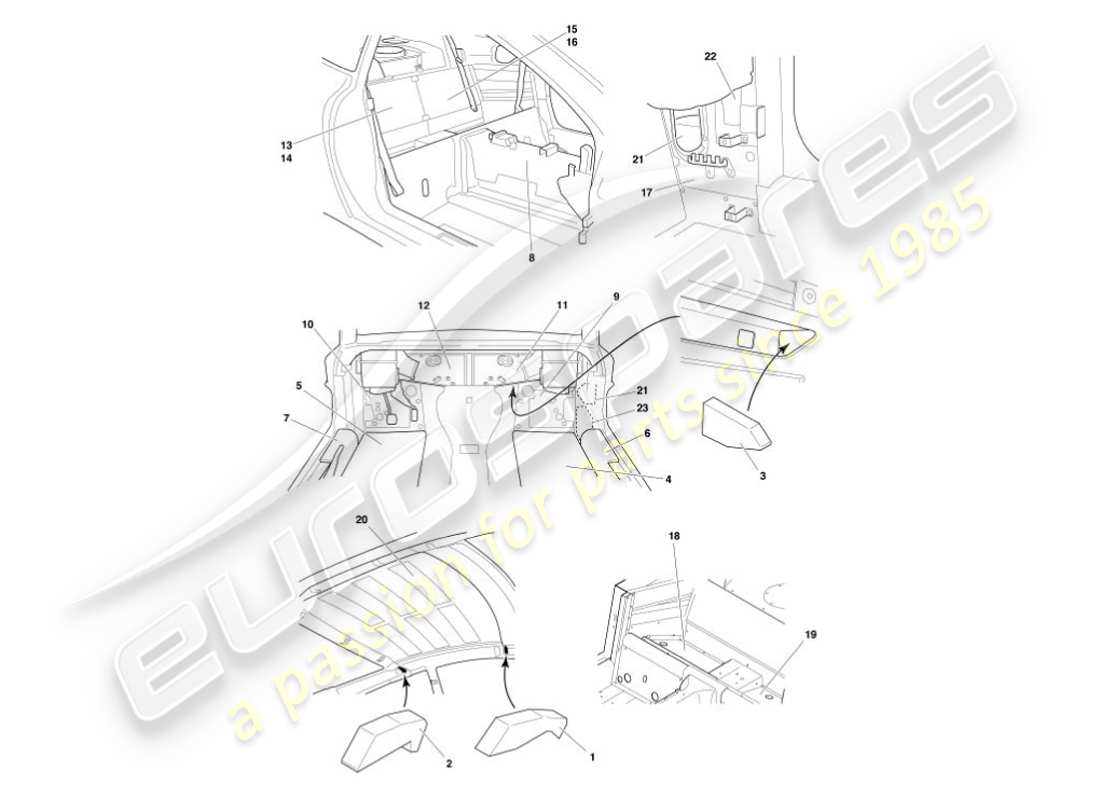 aston martin vanquish (2002) diagrama de piezas de insonorización