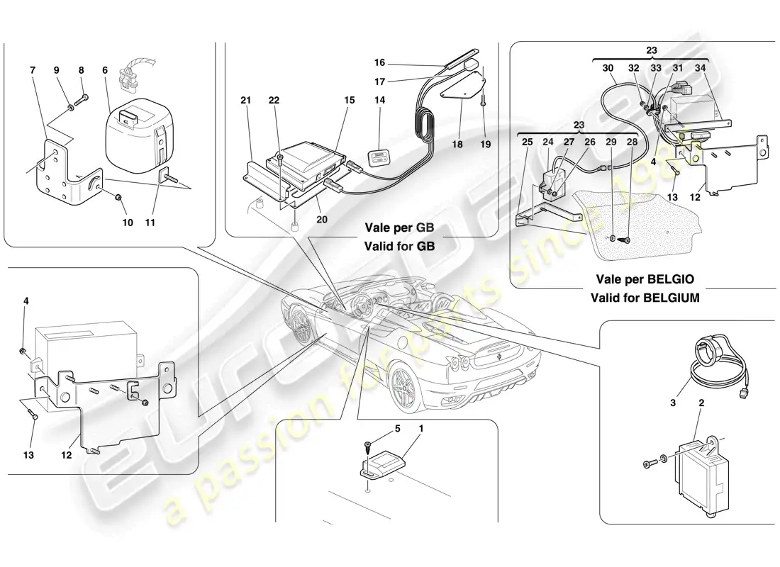 ferrari f430 spider (europe) ecu y dispositivos del sistema antirrobo diagrama de piezas