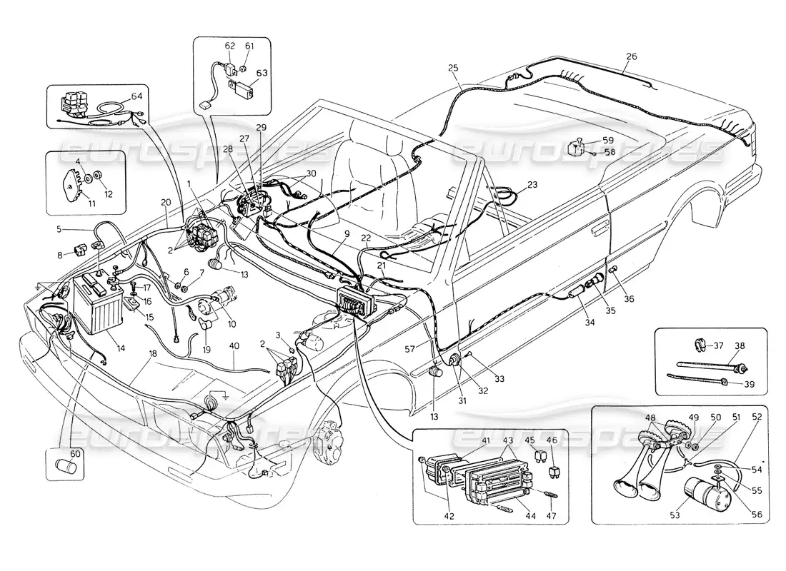maserati biturbo spider diagrama de piezas del mazo de cables y componentes eléctricos (dirección izquierda)