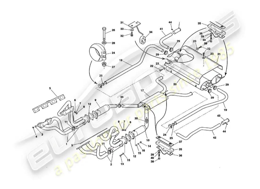aston martin v8 volante (1999) sistema de escape diagrama de piezas