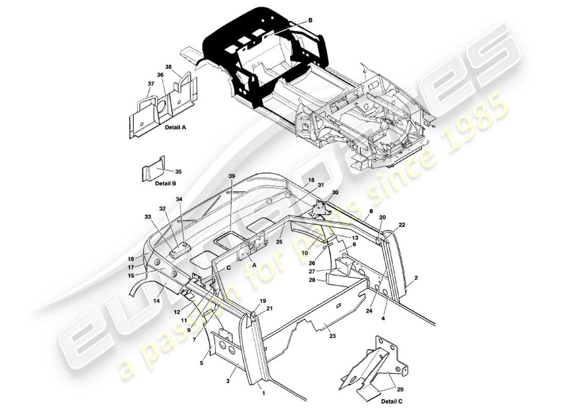 aston martin v8 volante (1999) estructura trasera diagrama de piezas
