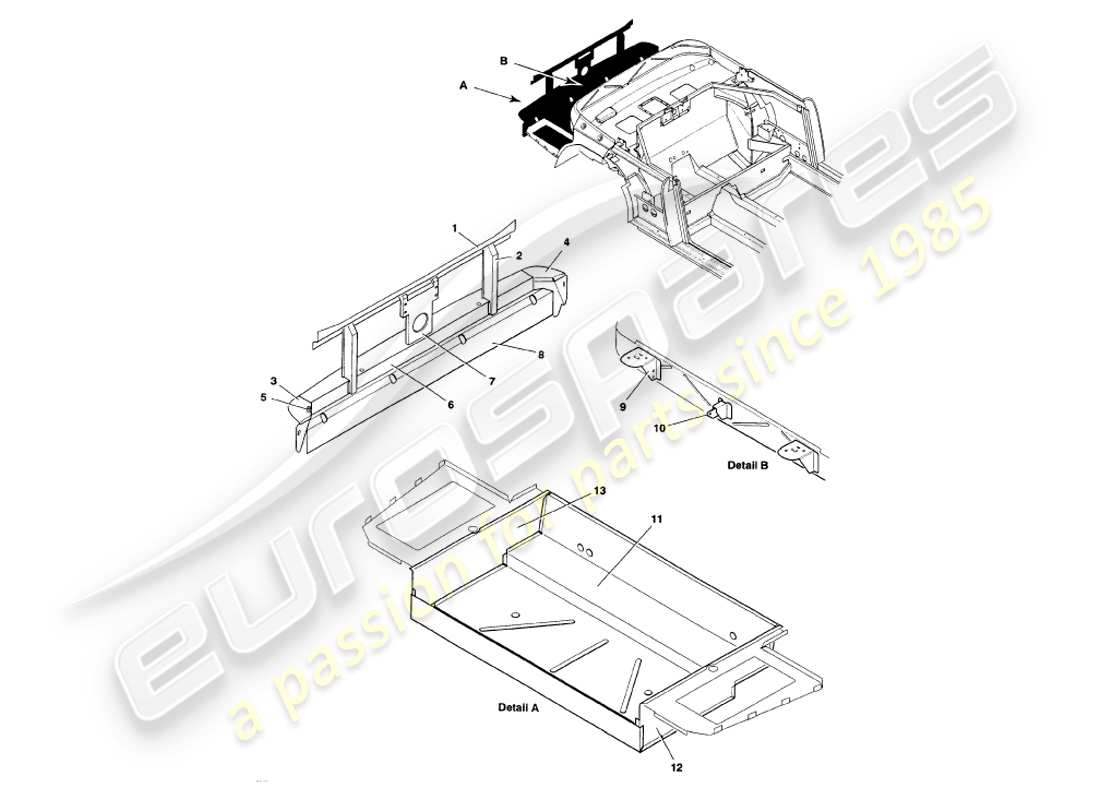 aston martin v8 volante (1999) diagrama de piezas de estructura trasera, parachoques y maletero