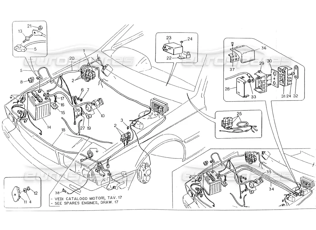 maserati 418 / 4.24v / 430 compartimento del motor. eléctrico. sistema, dirección derecha. diagrama de piezas