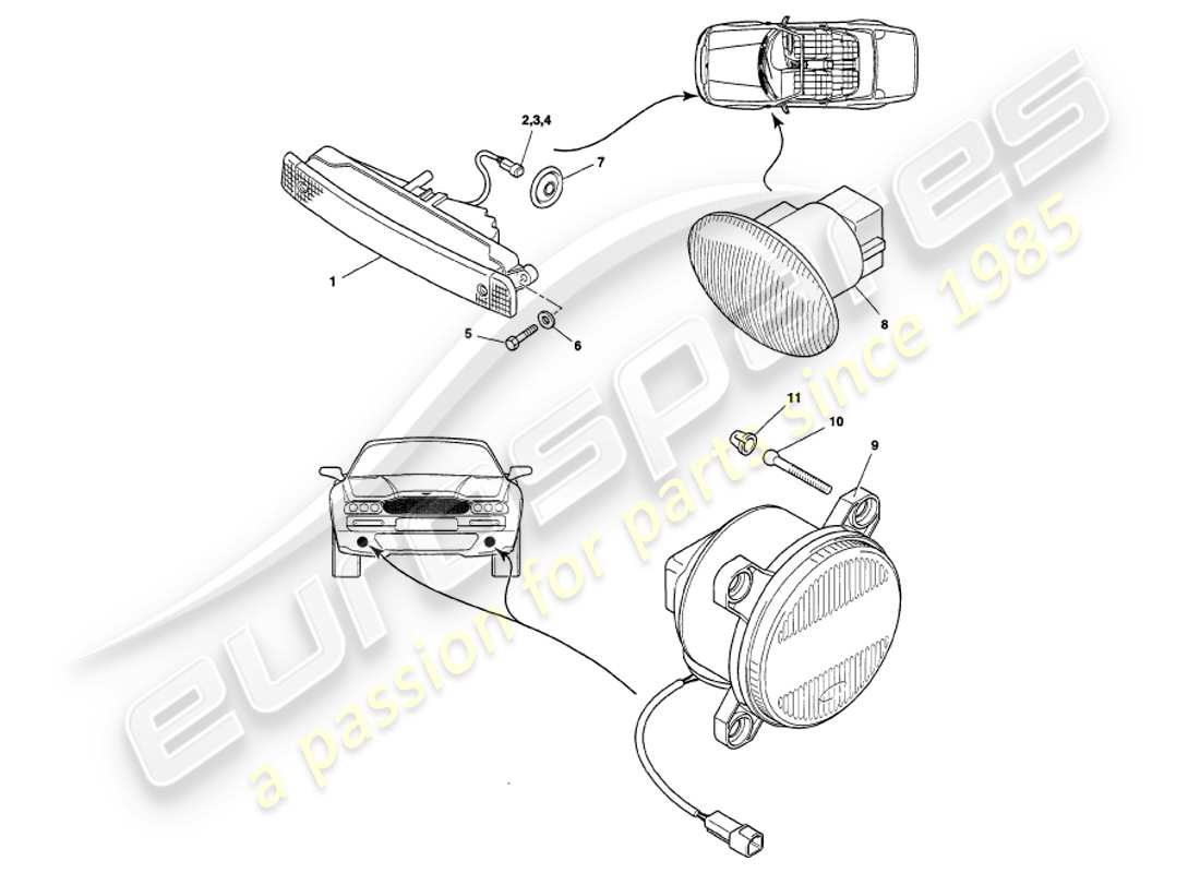 aston martin v8 volante (1999) lámparas exteriores diagrama de piezas
