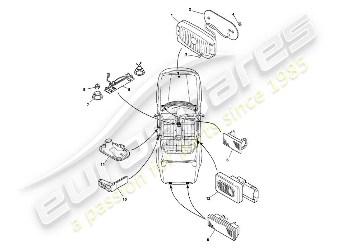 aston martin v8 volante (1999) diagrama de piezas de las lámparas interiores