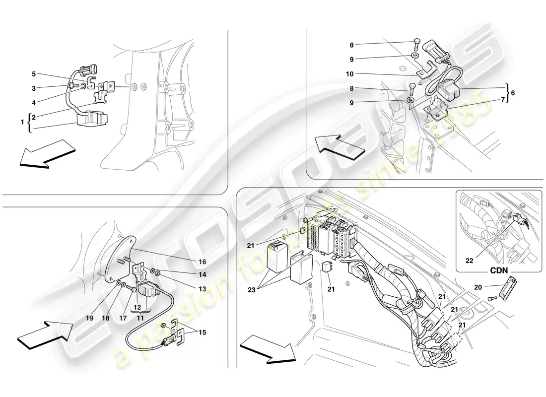 ferrari f430 spider (europe) ecu y sensores en el compartimiento delantero y en el compartimiento del motor diagrama de piezas