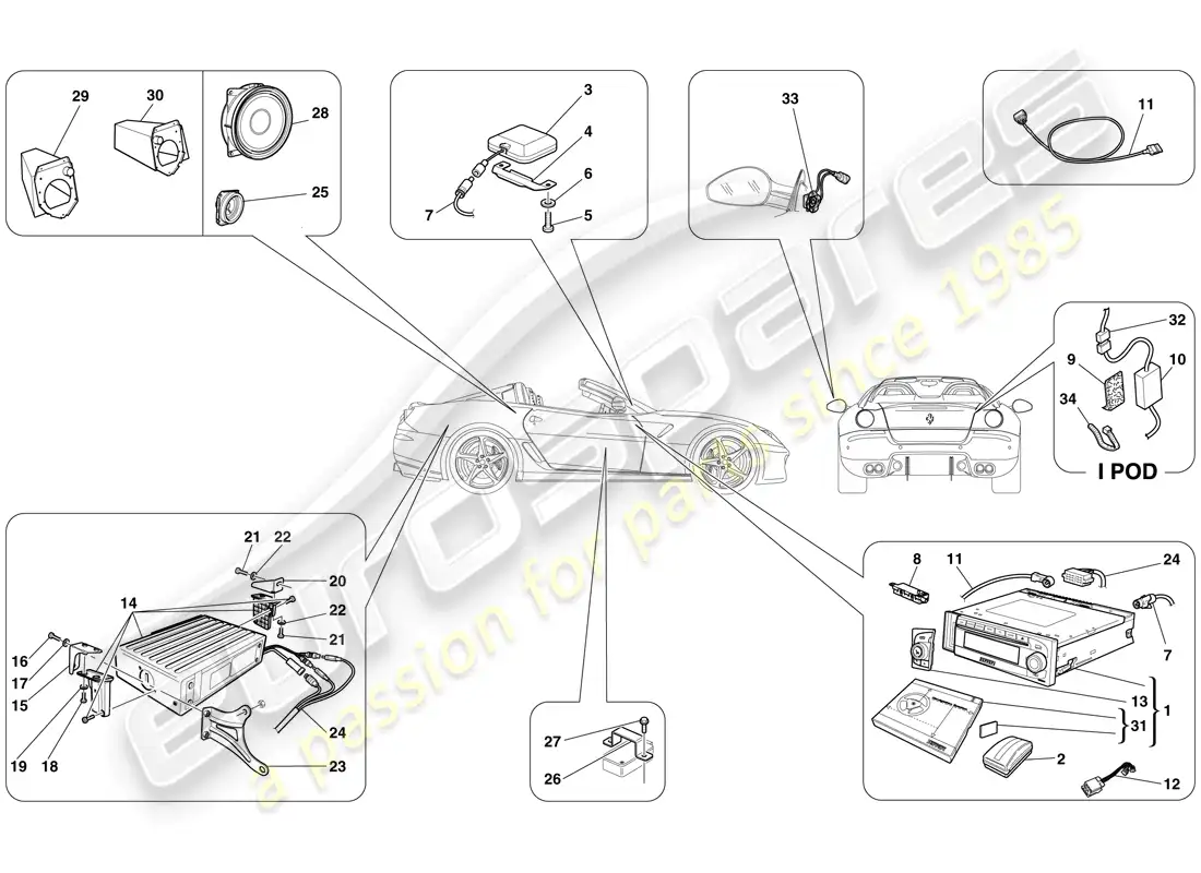 ferrari 599 sa aperta (rhd) sistema de alta fidelidad diagrama de piezas