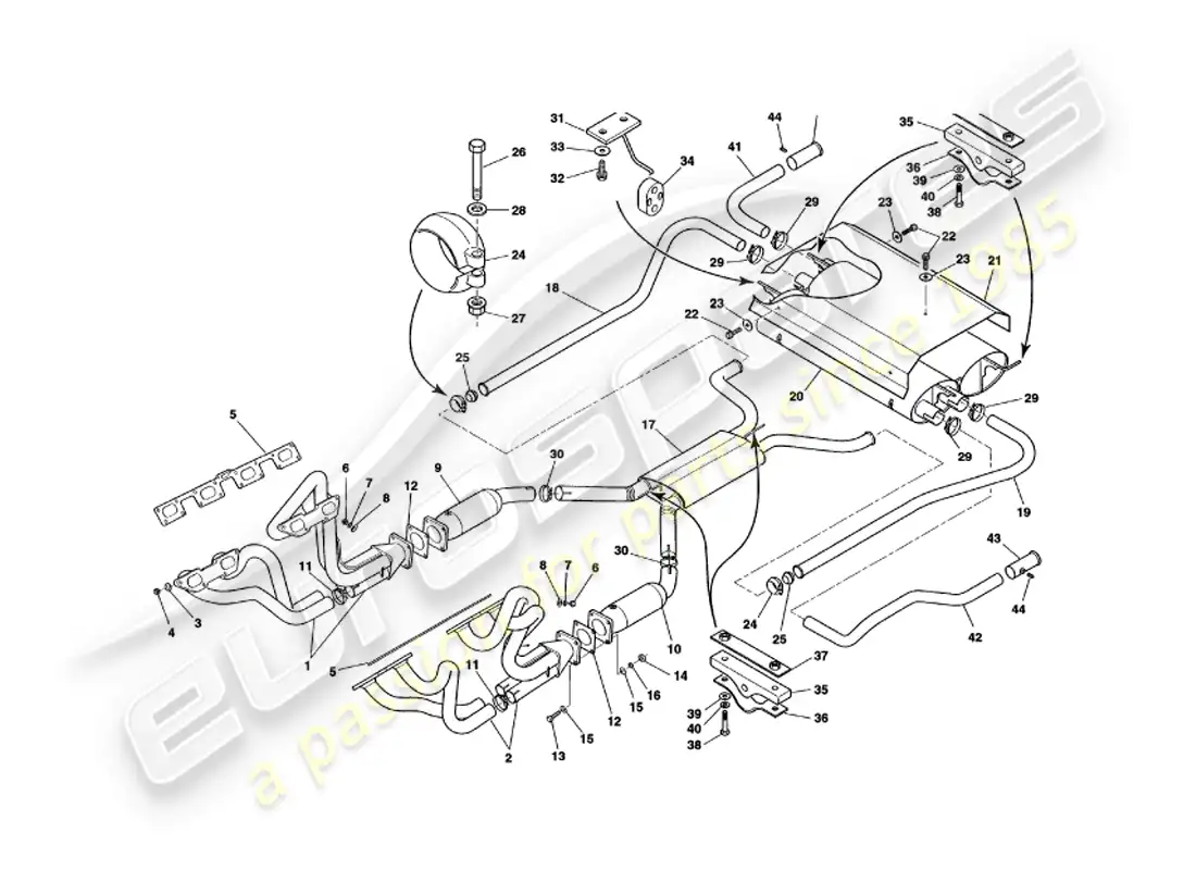 aston martin v8 volante (2000) sistema de escape diagrama de piezas
