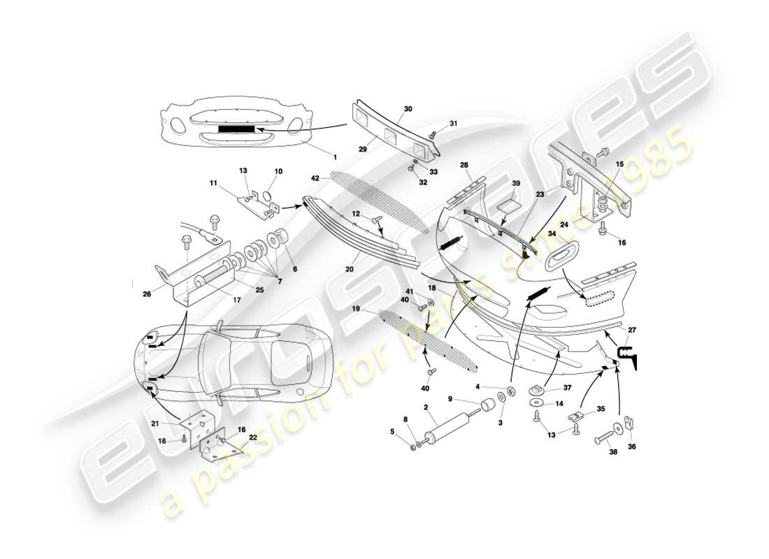 aston martin db7 vantage (1999) diagrama de piezas del parachoques delantero y faldón