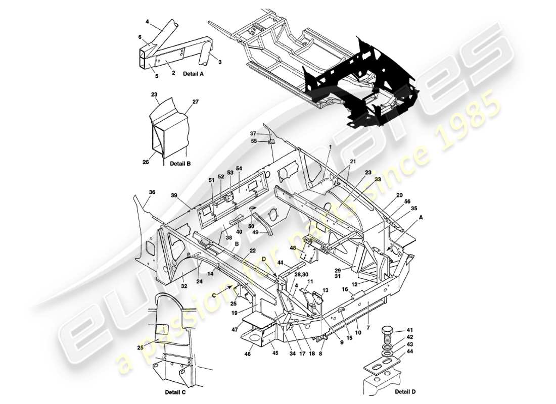 aston martin v8 volante (2000) estructura frontal diagrama de piezas