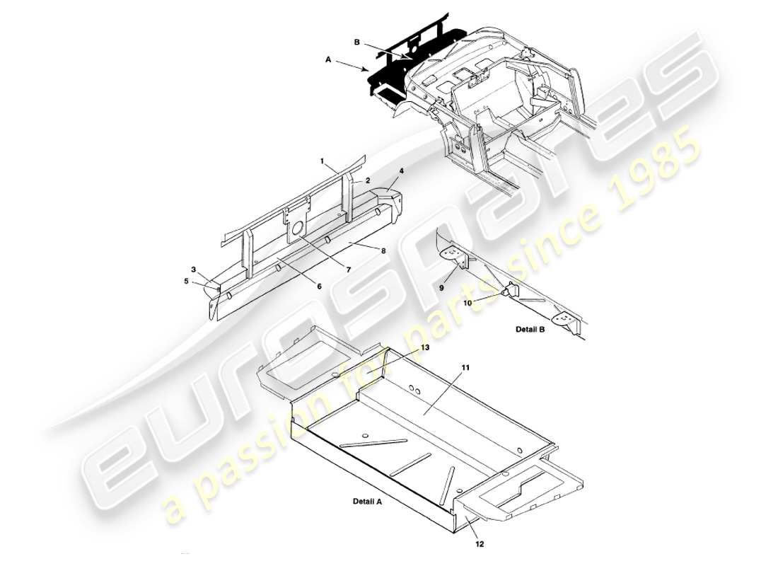 aston martin v8 volante (2000) diagrama de piezas de estructura trasera, parachoques y maletero