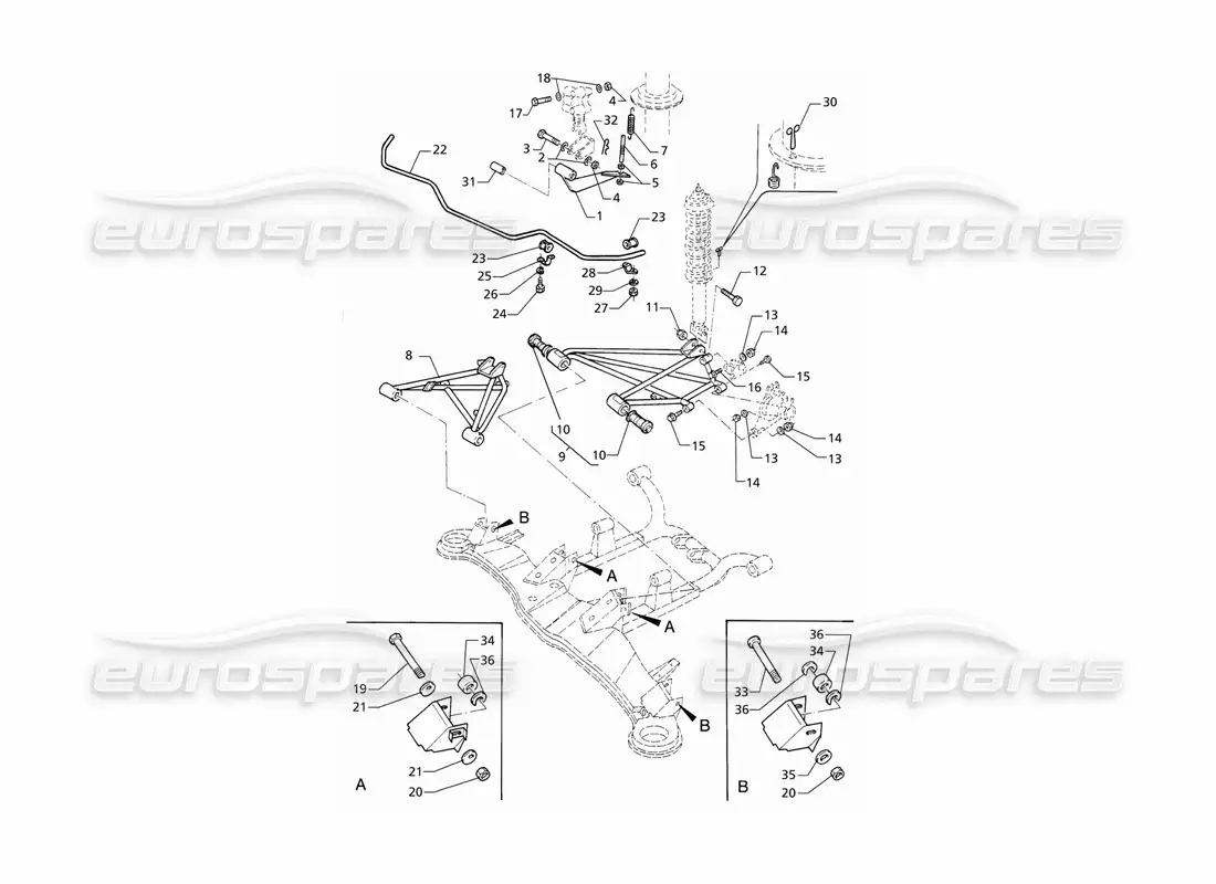 maserati qtp v8 (1998) (post-mod) suspensión trasera con barra estabilizadora diagrama de piezas