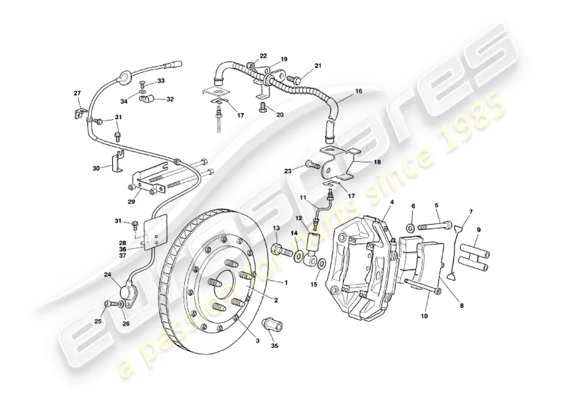 aston martin v8 volante (1999) frenos delanteros diagrama de piezas