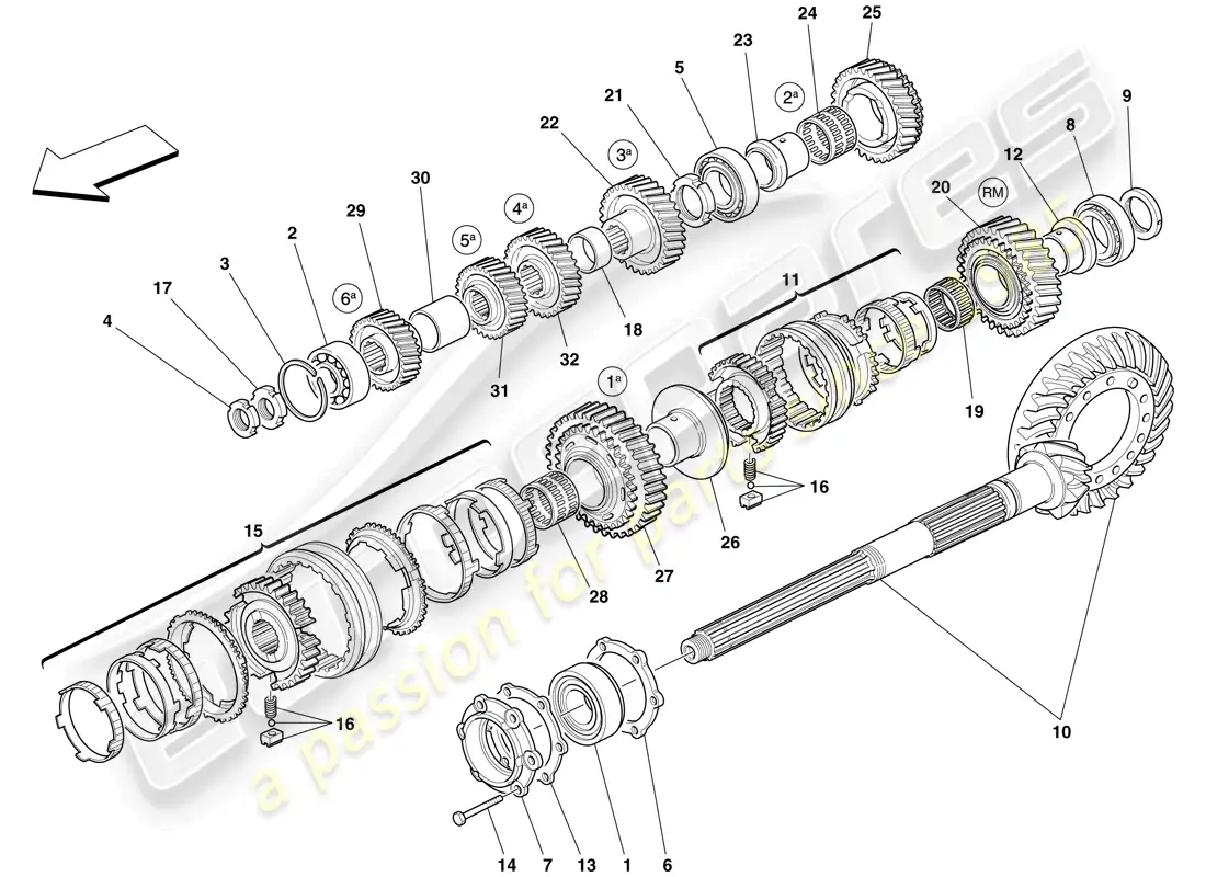 ferrari 612 scaglietti (rhd) engranajes del eje de la caja de cambios secundario diagrama de piezas