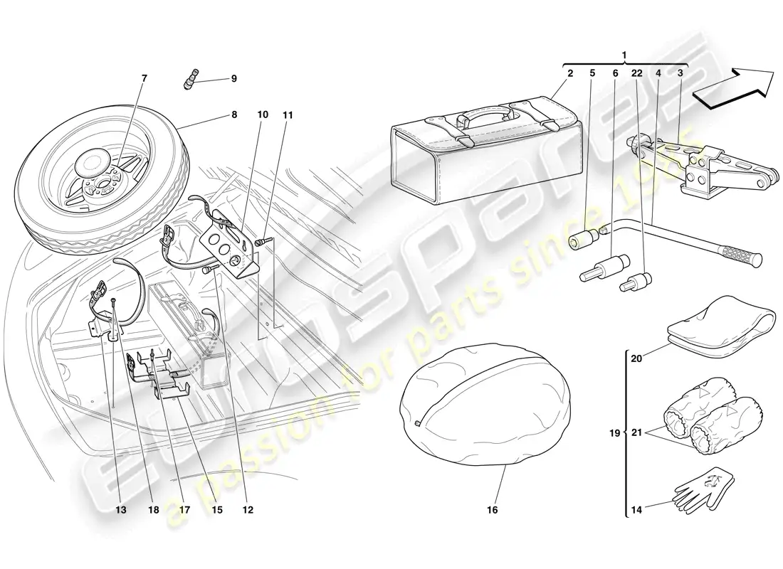ferrari f430 scuderia (usa) rueda de repuesto y herramientas diagrama de piezas