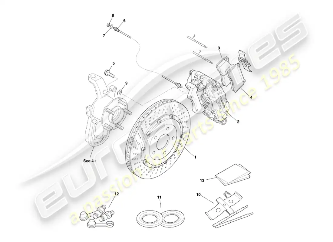 aston martin db7 vantage (2003) diagrama de piezas de frenos delanteros