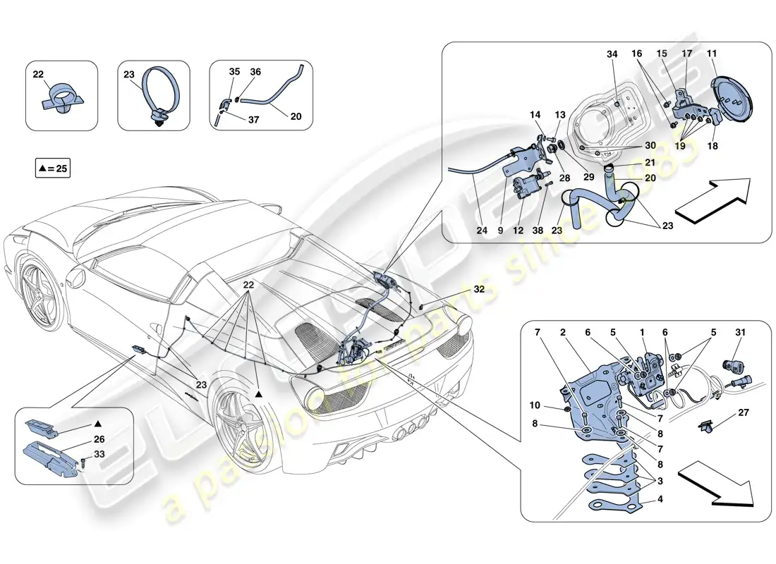 ferrari 458 spider (usa) mecanismos de apertura de la tapa del compartimiento del motor y de la tapón de llenado de combustible diagrama de piezas