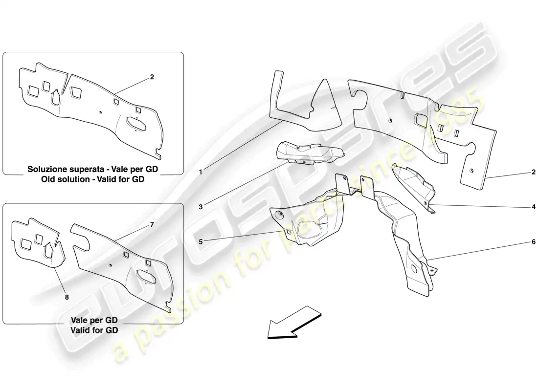 ferrari 612 sessanta (europe) aislamiento del cortafuegos del compartimiento del motor diagrama de piezas