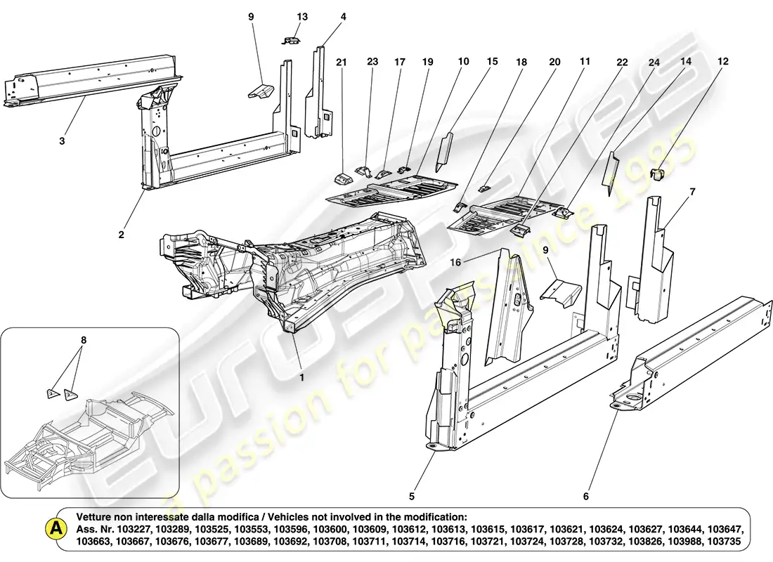 ferrari california (europe) estructuras centrales y secciones de caja del chasis diagrama de piezas