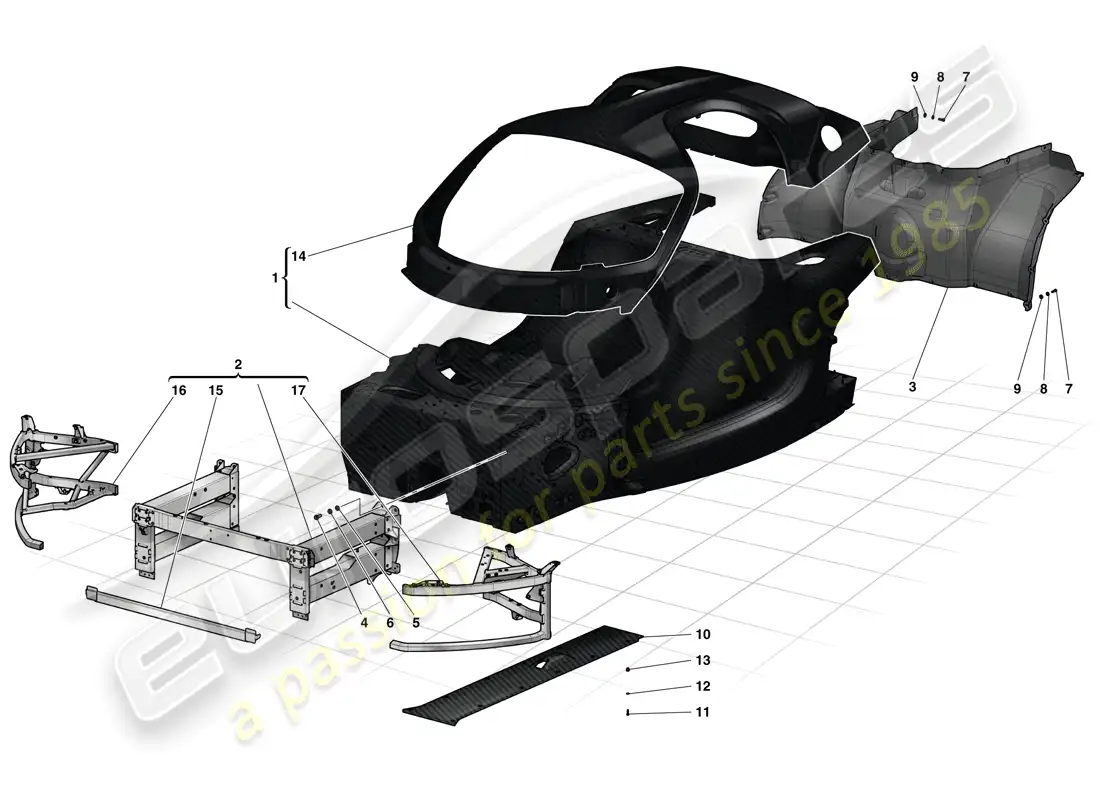 ferrari laferrari (europe) tina monocasco - subchasis delantero - bandeja inferior plana central diagrama de piezas