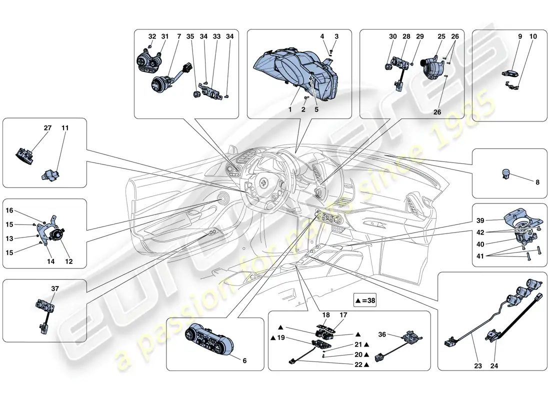 ferrari 488 spider (usa) instrumentos del salpicadero y del túnel diagrama de piezas