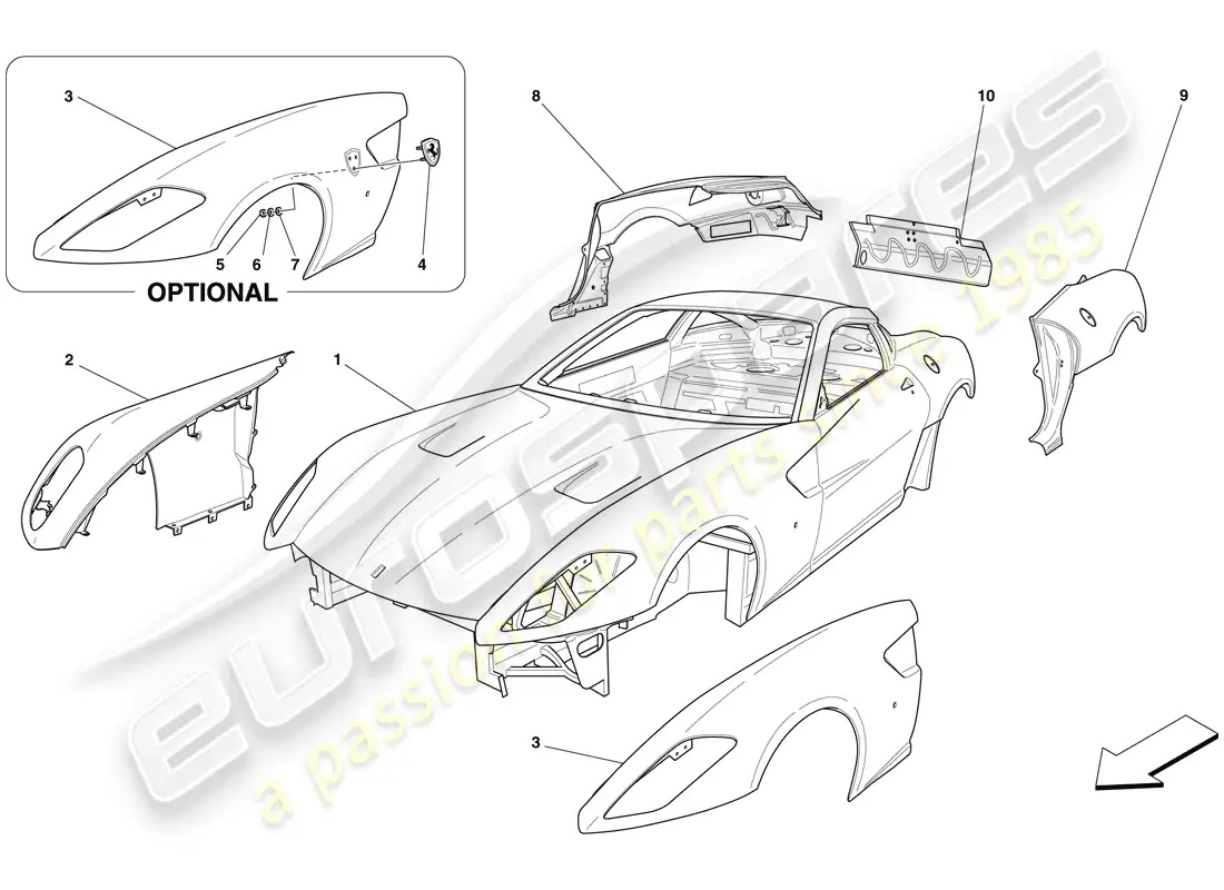 ferrari 599 gtb fiorano (rhd) carroceria - acabado externo diagrama de piezas