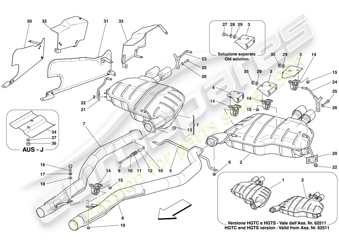 ferrari 612 sessanta (rhd) sistema de escape trasero diagrama de piezas