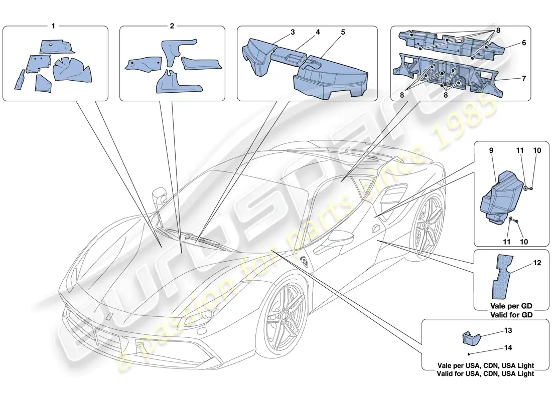 ferrari 488 gtb (rhd) aislamiento diagrama de piezas